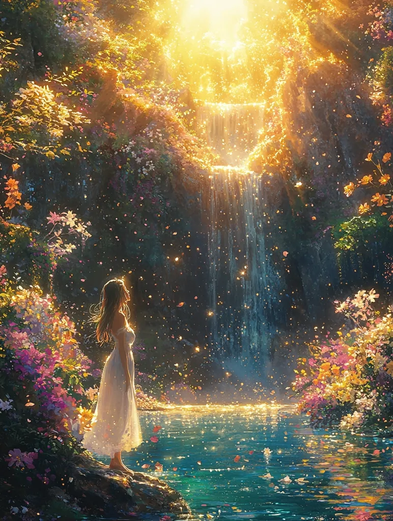 Here is a description of the image:

A serene digital painting depicts a woman in a flowing white dress standing by a tranquil pool at the base of a sunlit waterfall.  Luminous golden light streams from behind the falls, illuminating a profusion of vibrant flowers surrounding the pool and cascading down the cliff face.  Petals gently drift on the water's surface, adding to the magical, dreamlike atmosphere. The woman appears peaceful and contemplative, gazing at the scene before her, bathed in the ethereal glow. The overall effect is one of tranquility and otherworldly beauty.