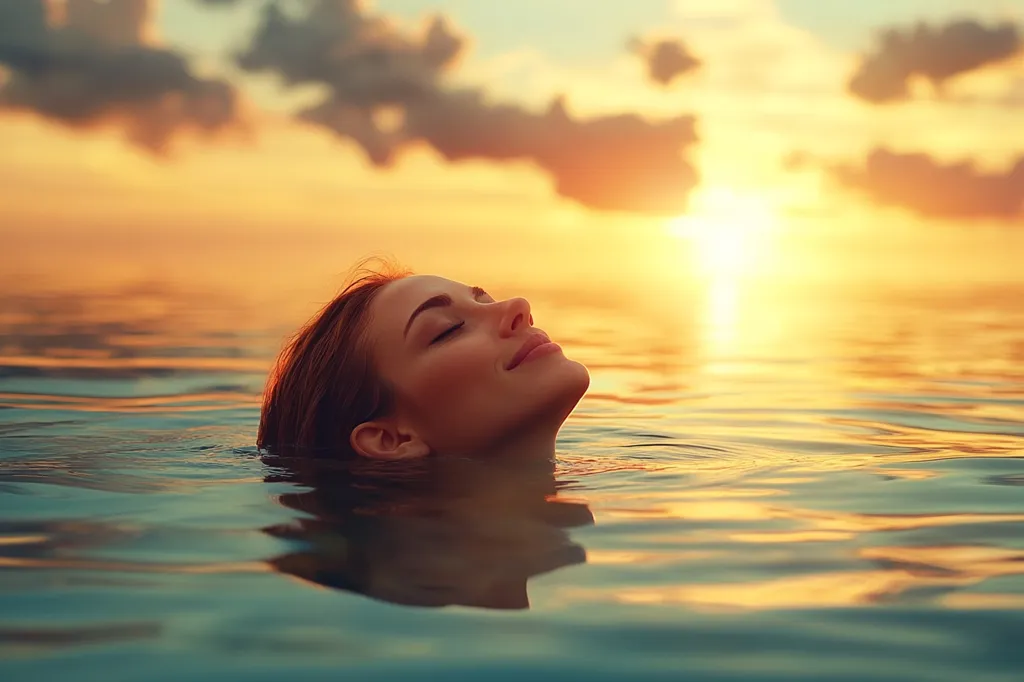 A woman with auburn hair floats serenely in calm ocean water, her eyes closed and head tilted back.  The setting sun casts a warm, golden glow across the water and sky, creating a tranquil and peaceful scene.  The image evokes a sense of calm and relaxation, perfectly capturing the beauty of a sunset at sea.