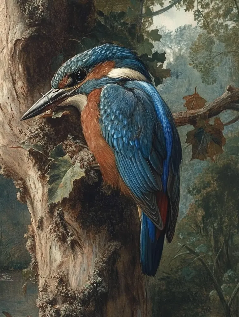 The painting showcases a common kingfisher perched on a textured tree trunk.  The bird's vibrant blue and rusty-orange plumage is meticulously detailed, highlighting its feathers. Its beak holds what seems to be a small fish. The background is a softly rendered forest scene, with muted greens and browns, creating a contrast with the kingfisher's bright colors. The overall style suggests a realistic, possibly 18th or 19th-century depiction of wildlife.