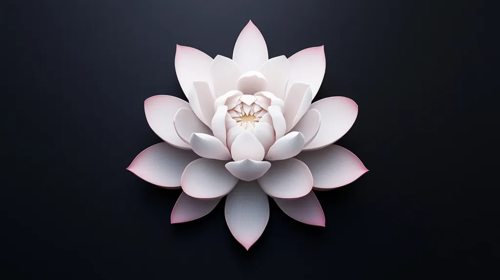 Here's a description of the image:

The image showcases a meticulously crafted paper lotus flower, positioned centrally against a stark black background.  The flower is predominantly off-white, with subtle hints of pale pink at the edges of its numerous petals.  The petals are layered, creating depth and a realistic, almost three-dimensional appearance. The flower's center is a tightly clustered collection of smaller, lighter petals, adding to its intricate detail. The overall effect is one of serenity and elegance, with the contrast between the flower and background highlighting its delicate beauty.