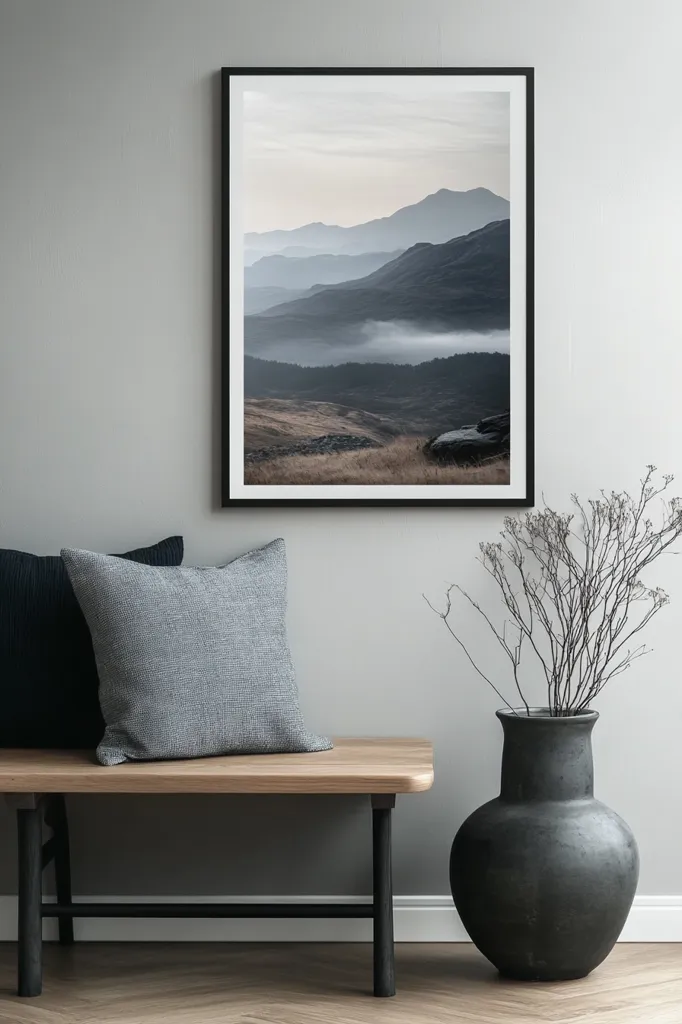 A minimalist interior features a wooden bench with gray cushions, situated before a framed landscape photograph. The photo depicts a misty mountain range in muted blues and browns, evoking a serene atmosphere.  A dark gray vase holding dried branches stands beside the bench, complementing the muted color palette. The overall aesthetic is calm and sophisticated.