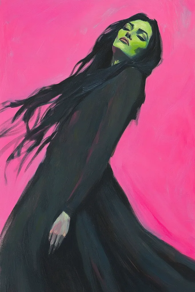 The painting depicts a stylized female figure with long, dark hair and vibrant green skin. She is dressed in a flowing black gown that drapes elegantly around her body.  Her eyes are closed, suggesting a serene or perhaps melancholic mood. The stark contrast between her green skin and the bright pink background creates a striking visual effect. The brushstrokes are visible, adding a textural quality to the image, and the overall style suggests a modern or contemporary approach to portraiture.