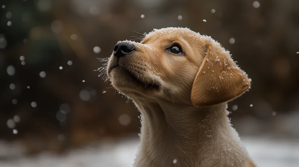 Here's a description of the image:

The image showcases a close-up of a young, light golden Labrador Retriever puppy.  Its fur is lightly dusted with snowflakes, and the puppy looks upward with a sweet, innocent expression.  The background is blurred, suggesting a shallow depth of field, focusing attention on the dog.  The bokeh effect in the background depicts a softly falling snow, creating a charming winter scene. The overall mood is peaceful and heartwarming.