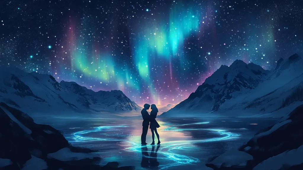 A digital painting depicts a romantic scene under a breathtaking aurora borealis.  Two silhouetted figures embrace on a frozen lake, surrounded by snow-capped mountains.  The vibrant, swirling colors of the northern lights fill the night sky, which is studded with countless stars.  The scene is serene and magical, evoking a sense of wonder and tranquility.  The glowing, ethereal light from the aurora reflects subtly on the icy surface of the lake.