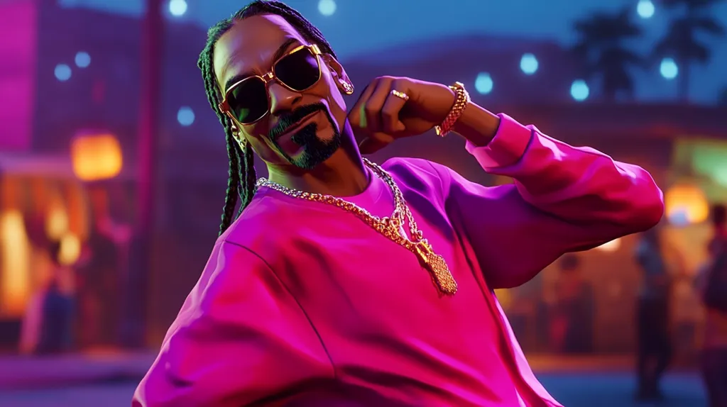 Here's a description of the image:

The image is a stylized rendering of Snoop Dogg, depicted in a vibrant, almost neon-lit setting. He's wearing a bright pink sweatshirt, large gold chain, and sunglasses, striking a confident pose.  His signature dreadlocks are visible, and his expression is playful. The background suggests a nighttime city scene with blurred lights and buildings, creating a hazy, atmospheric effect. The overall style is digitally rendered, with a focus on bold colors and dramatic lighting.