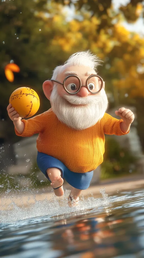 Here's a description of the image:

A charming, 3D-rendered cartoon depiction of an elderly gentleman with white hair and a full beard is shown running through shallow water. He wears round glasses, an orange sweater, and blue shorts.  He holds a small, yellow ball in his hand, suggesting playful activity. The background is softly blurred, showcasing an autumnal setting of yellow and green foliage.  The overall mood is cheerful and whimsical, emphasizing the joy of simple pleasures. The water splashes around his feet as he runs, adding to the dynamic feel of the scene.