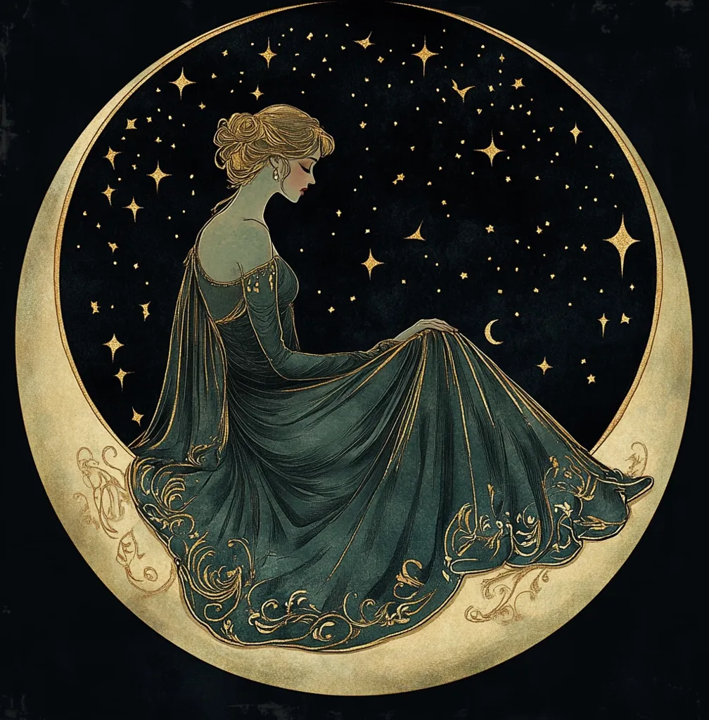 The illustration depicts a serene woman in a flowing, dark teal gown adorned with gold filigree, seated gracefully on a crescent moon.  Her blonde hair is neatly styled, and she gazes pensively downward.  The background is a deep night sky studded with glittering gold stars, creating a mystical and ethereal atmosphere. The artwork's style blends Art Nouveau influences with a modern aesthetic. The color palette is rich and subdued, emphasizing the elegant melancholy of the scene.