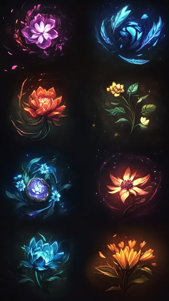 This image showcases eight distinct, glowing floral designs against a dark background.  Each flower is rendered in a vibrant, unique color — including purple, blue, orange, yellow, and teal — and appears to be encased in an ethereal, luminescent aura.  The styles vary slightly, from more realistic depictions to stylized, almost abstract forms, all contributing to an overall mystical and enchanting aesthetic.  The detail in each blossom and the surrounding light effects create a captivating visual experience.
