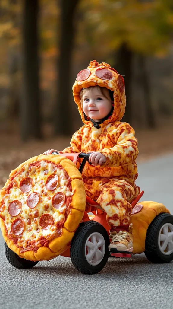 Here is a description of the image:

A toddler, dressed in a pepperoni pizza costume complete with a pizza-slice helmet, sits on a child's toy quad bike. The quad bike itself is designed to resemble a pizza, with a large pizza slice as its front wheel.  The child beams at the camera, their expression joyful and playful. The setting appears to be an outdoor paved path with a blurred autumnal background of trees, suggesting a fall day. The overall effect is whimsical and adorable.