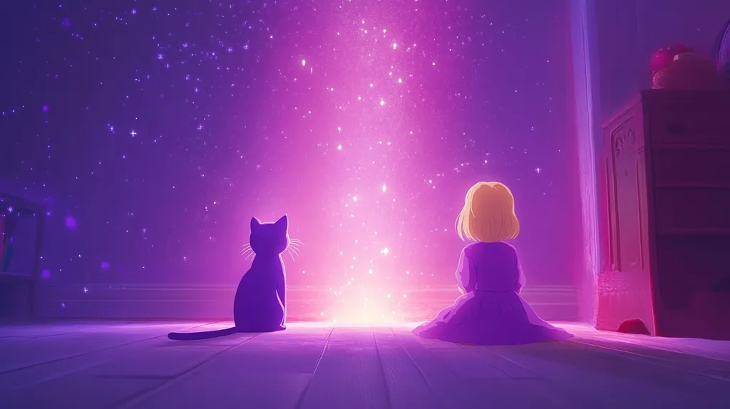 A young girl in a purple dress sits on a wooden floor, her back to the viewer, gazing at a vibrant, shimmering purple light emanating from the center of the room.  Beside her, a dark purple cat sits facing the same light. The room is softly lit, with a starry, magical atmosphere.  A dark wooden armoire is partially visible in the background, adding to the scene's enchanting and mysterious tone. The overall aesthetic is dreamy and whimsical.