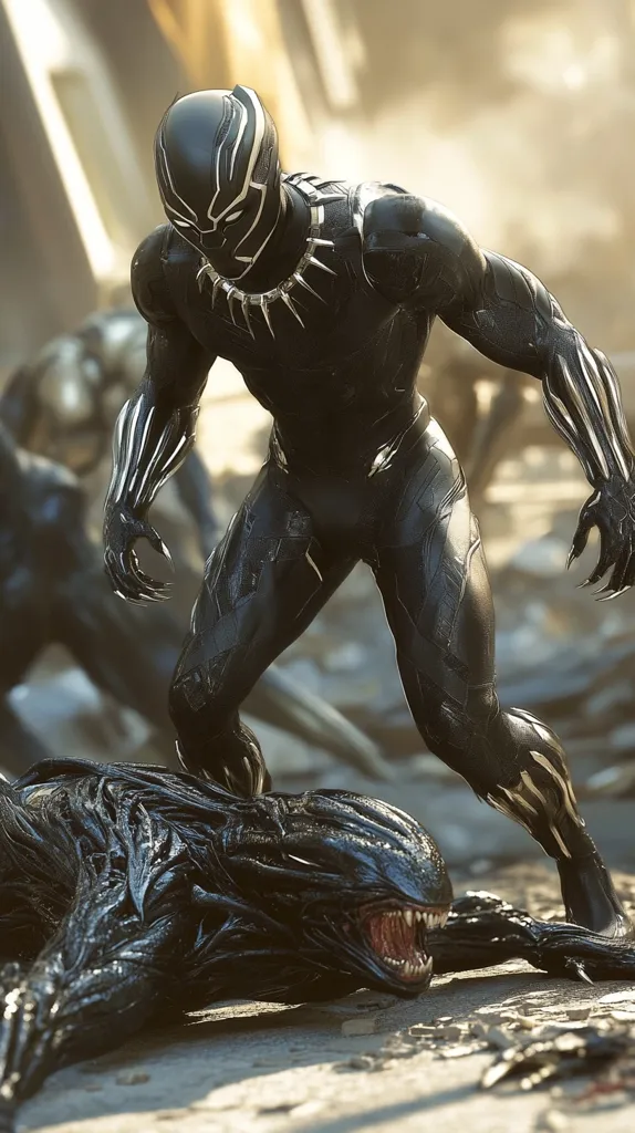 A powerful Black Panther, clad in sleek, dark armor with silver accents, stands over a defeated, monstrous creature. The creature lies on the ground, its sharp teeth bared in a silent snarl. The background depicts a ravaged cityscape, suggesting a recent battle.  The Panther's posture is one of dominance, his claws slightly extended.  The overall mood is dark and gritty, highlighting the intensity of the confrontation. The scene is likely from a science fiction or superhero film.
