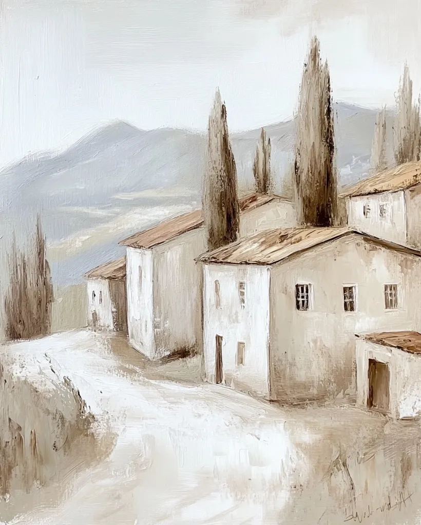 Here is a description of the image:

The painting depicts a serene, muted landscape featuring a cluster of simple, light beige houses nestled against a softly rendered mountain range. Tall, slender cypress trees punctuate the scene, adding a touch of Italianate charm. The artist employs a loose, painterly style, with visible brushstrokes contributing to the overall texture. The color palette is subdued, relying on variations of beige, white, and muted greens, creating a peaceful and contemplative atmosphere. The road leading to the houses appears gently curving, inviting the viewer's eye to wander through the scene.