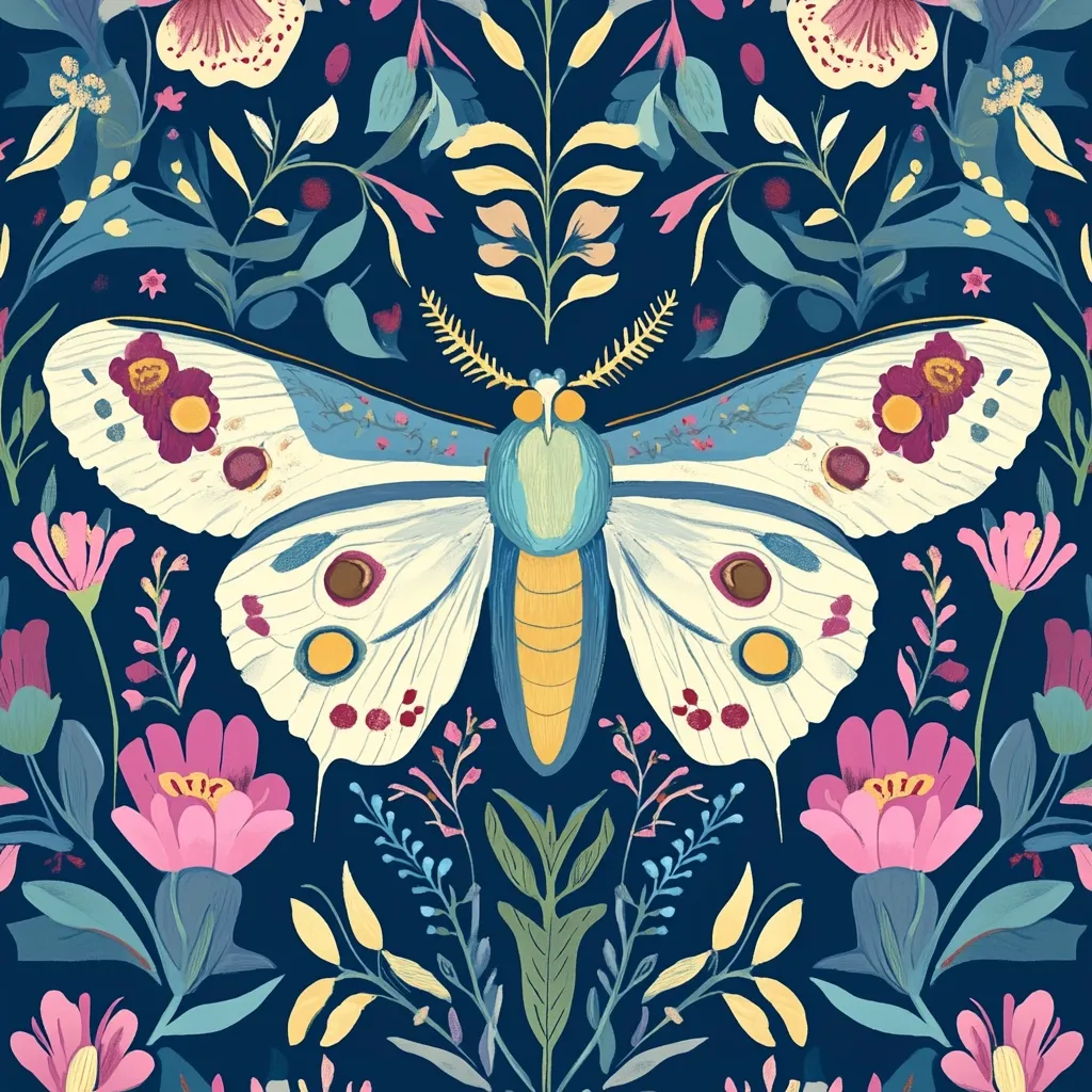 Here's a description of the image:

The image showcases a vibrant, stylized illustration of a large moth centrally positioned against a dark navy blue background.  The moth's wings are predominantly off-white, adorned with circular patterns in shades of pink, maroon, and yellow, creating a whimsical, almost folk-art aesthetic. The moth's body is teal and yellow. It is surrounded by a dense, symmetrical arrangement of stylized flowers and foliage in various greens, pinks, and blues, forming a rich, floral border. The overall style is reminiscent of botanical illustrations or textile designs, with bold colors and distinct outlines. The pattern is visually captivating and symmetrical, suggesting a possible repeating design.