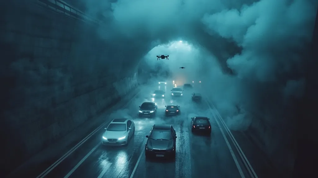 A high-angle, atmospheric shot depicts a two-lane highway inside a tunnel shrouded in heavy fog and rain.  Several cars navigate the dimly lit passage, their headlights cutting through the mist.  Two drones are visible, flying above the traffic.  The overall mood is dark, moody, and slightly ominous, suggestive of a nighttime scene in inclement weather. The tunnel walls are dark and rough-textured, adding to the sense of confinement and mystery.