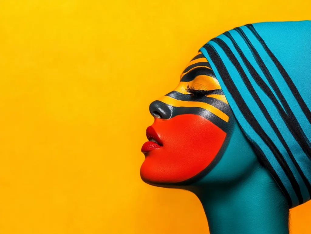 Here's a description of the image:

The image is a close-up profile shot of a woman's face against a vibrant yellow background. Her face and neck are painted in bold, geometric patterns of teal, black, yellow, and red.  Black stripes accentuate her eyes, while a large, red area dominates her cheek and jawline. A teal head wrap with black stripes complements the facial paint. The overall effect is one of striking modern art, showcasing a bold and stylized representation of beauty.