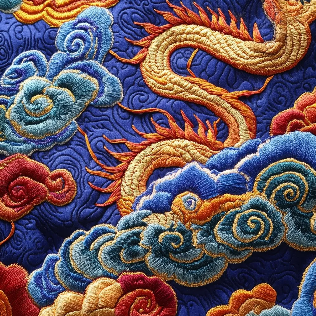 Intricate embroidery on a deep blue fabric depicts a golden dragon gracefully winding through stylized clouds.  The dragon is rendered in shades of gold and orange, its scales and flames meticulously detailed.  The clouds are a vibrant mix of blues, oranges, and reds, created with swirling, textured stitches. The overall effect is rich, luxurious, and suggestive of traditional Asian art.