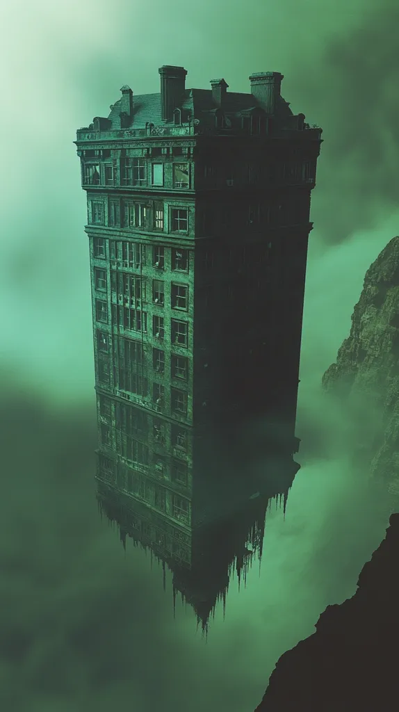 A dark, ominous, multi-story building, seemingly abandoned and decaying, hovers mysteriously in a murky, green-tinged atmosphere.  It appears to be floating above a still, reflective water, creating an inverted image below.  The building's aged stone and broken windows suggest a sense of age and desolation. The scene is shrouded in fog or mist, enhancing the eerie and surreal ambiance.  Dark, rocky terrain borders the water, completing the desolate setting.