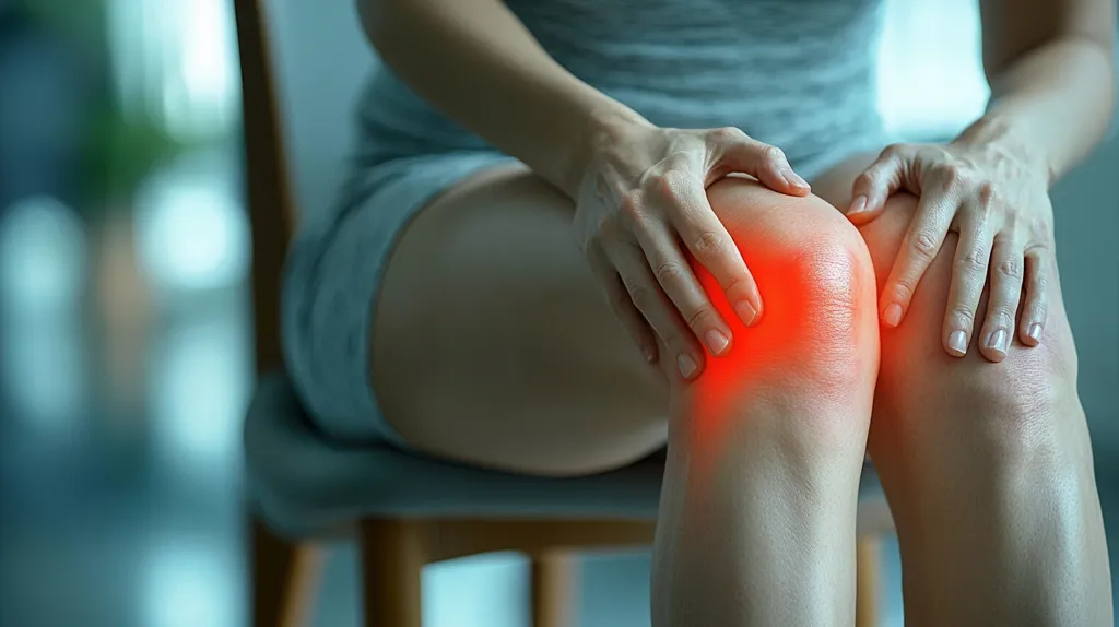 A close-up shows a person sitting and holding their knee.  The knee is highlighted with a red overlay, indicating pain or injury. The individual appears to be experiencing discomfort, as evidenced by their posture and the way they are gently cradling their knee.  The background is blurred, focusing attention on the knee and the person's hands. The overall image suggests a medical or health-related context, possibly illustrating symptoms of knee pain or arthritis.