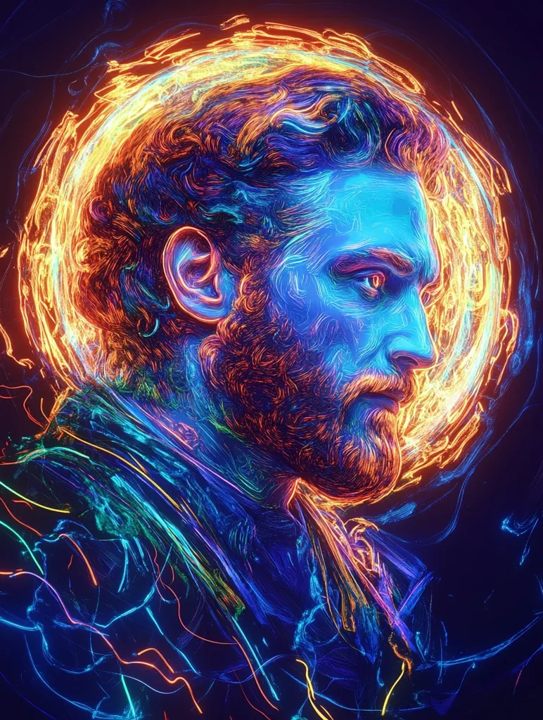 The image is a vibrant, stylized portrait of a bearded man. His face and hair are rendered in strokes of bright, swirling blue, orange, and teal light, creating a dynamic, almost fiery effect.  The man's profile is shown, his gaze directed to the right. He's encircled by a halo of similar fiery energy, adding to the intensity and otherworldly feel of the artwork. The style suggests a digital painting or a generative art piece, emphasizing movement and energy.