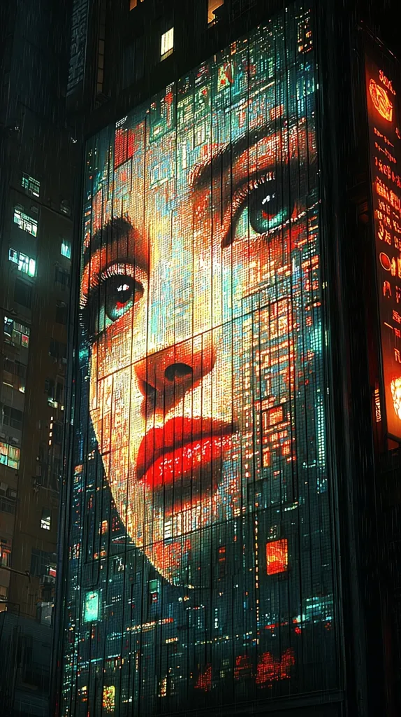 A cyberpunk-style image depicts a building's exterior covered in a massive LED screen displaying a woman's face.  The face is rendered in a grid of vibrant, multicolored pixels, creating a digital, almost glitching effect.  The surrounding cityscape is dark and rainy, with neon lights reflecting on wet streets and other buildings visible in the background. The overall atmosphere is futuristic and atmospheric, suggesting a densely populated urban environment at night.
