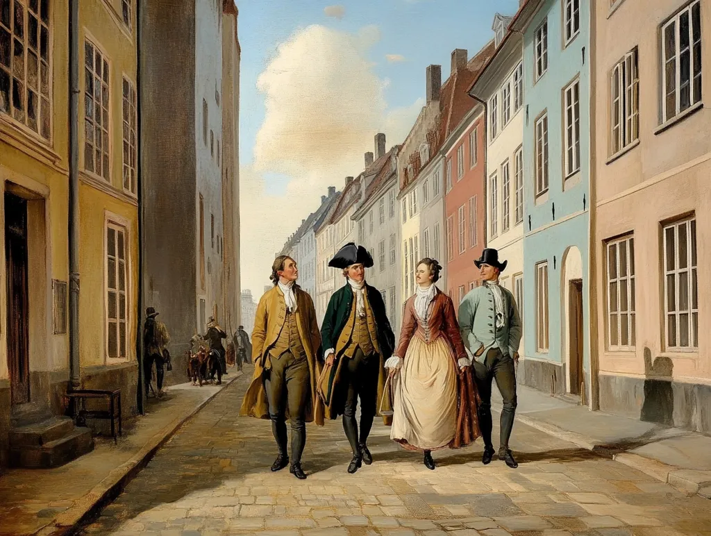 Here's a description of the image:

The painting depicts a scene on a cobblestone street lined with 18th-century buildings in pastel colors. Four elegantly dressed figures—two men in breeches and long coats, and two women in gowns—stroll down the street, engaged in conversation.  The men wear tricorn hats. The women’s attire includes elaborate skirts and bodices.  Other figures are visible in the background, smaller in scale, suggesting depth and distance. The overall style is realistic, conveying a sense of time and place, with soft lighting and muted tones dominant in the scene. The architecture suggests a European city.