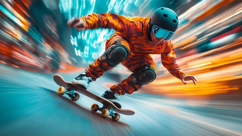 Here's a description of the image:

The image is a dynamic, action shot of a skateboarder speeding through a city at night.  The skater, wearing an orange and camouflage patterned suit, helmet, and goggles, is captured in mid-motion, creating a sense of intense speed and energy.  The background is a vibrant blur of city lights, streaking across the frame, emphasizing the skater's velocity.  The overall effect is one of thrilling movement and urban dynamism.  The skateboard itself is clearly visible, adding to the image's sharpness amidst the blurry background.
