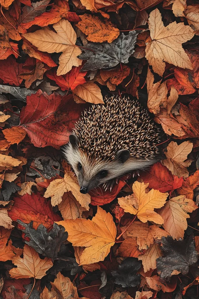 A hedgehog is nestled amongst a bed of fallen autumn leaves.  The leaves are predominantly shades of red, orange, and brown, exhibiting various stages of decay.  The hedgehog's quills are dark brown and blend subtly with the foliage, creating a harmonious autumnal scene. The image is sharply focused, highlighting the intricate details of both the hedgehog and the leaves.  The overall impression is one of warmth and the quiet beauty of the season.