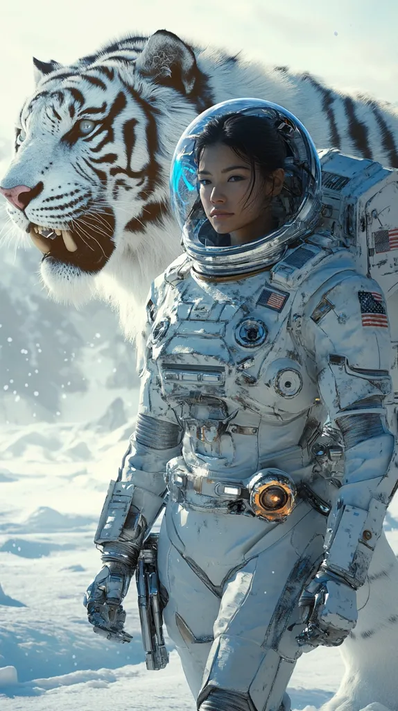 A female astronaut in a weathered white spacesuit stands in a snowy, desolate landscape.  Beside her, a large white tiger with striking black stripes observes the scene. The astronaut's helmet reflects a faint blue glow, and she carries what appears to be a sidearm. The overall impression is one of isolation, adventure, and a surreal juxtaposition of futuristic technology and untamed nature.  Snow gently falls around them.