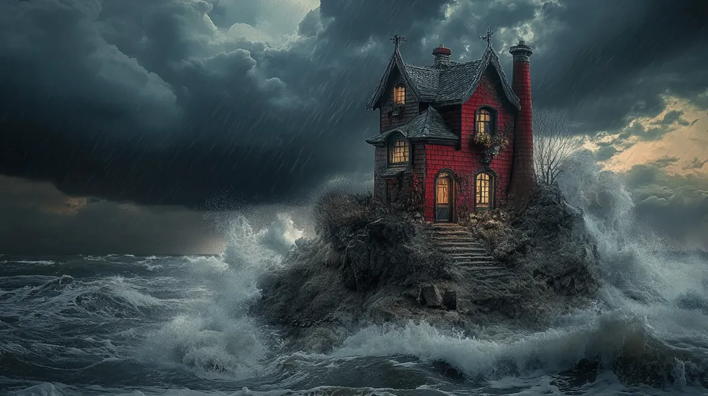 A dramatic digital artwork depicts a quaint, red, gothic-style house perched precariously on a rocky outcrop amidst a raging storm at sea.  Heavy rain lashes down under a dark, tempestuous sky.  Large waves crash against the rocks, threatening to engulf the small dwelling. The scene evokes a sense of isolation, mystery, and impending danger.  The contrast between the cozy house and the wild, unforgiving sea is striking.