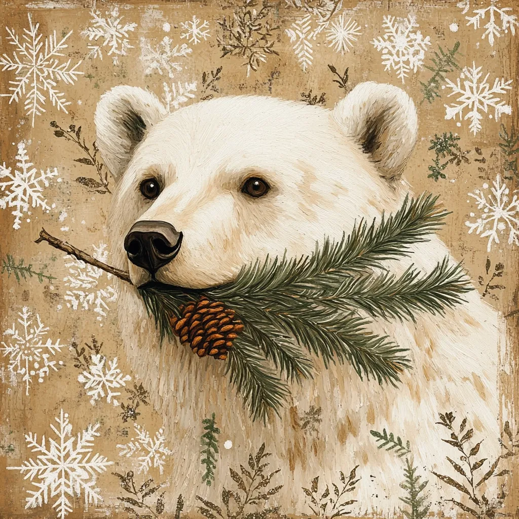 A close-up painting depicts a polar bear's head and shoulders against a beige background scattered with white snowflakes.  The bear's fur is creamy white, and its expression is calm.  A pine branch with a prominent pinecone is gently held in its mouth.  Small sprigs and leaves add to the wintery scene, creating a cozy, festive atmosphere. The painting style appears to be impasto, with visible brushstrokes adding texture.