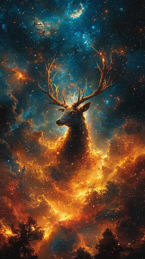 Here's a description of the image:

The image is a digital painting or rendering depicting a majestic stag silhouetted against a vibrant, cosmic backdrop.  Its antlers are large and spread wide, appearing almost like branches reaching into the starry expanse. The nebulae behind the deer are predominantly orange and gold, with hints of teal and deep blue, creating a fiery, celestial effect.  Dark, silhouetted trees line the bottom, grounding the fantastical scene. The overall impression is one of mystical power and otherworldly beauty.