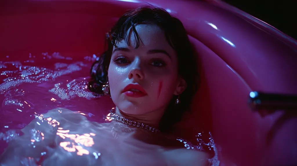 A woman with dark hair and red lipstick is submerged in a pink bathtub filled with bubbly water.  A faint scratch is visible on her cheek. She wears a delicate necklace and earrings. The scene is bathed in a dramatic, purplish-pink light, creating a moody and slightly unsettling atmosphere. The overall image evokes a sense of film noir or a stylish thriller.