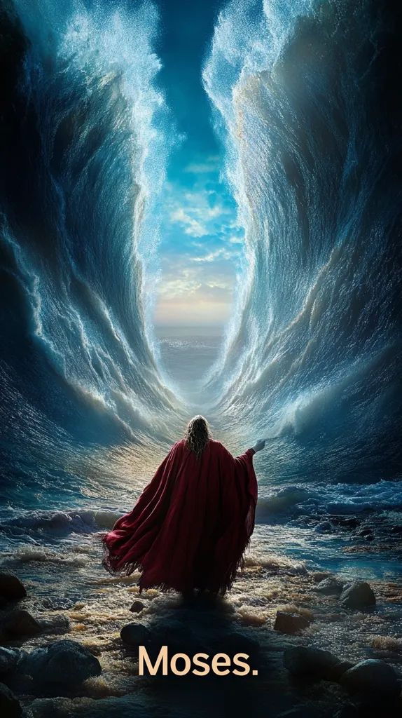 The image depicts Moses, his back to the viewer, standing on a beach before a dramatic parting of the Red Sea.  He's cloaked in a deep red robe, his long hair flowing.  Towering walls of water, frothy and immense, frame a bright, tranquil expanse of sea beyond. The scene is dark and moody, emphasizing the power and wonder of the biblical event. The word "Moses" is subtly displayed at the bottom.