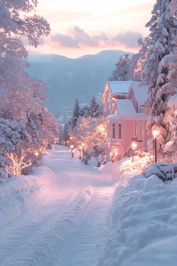 Here's a description of the image:

A snow-covered street winds through a picturesque winter scene, leading to a charming light pink house adorned with warm string lights.  Snow-laden trees line the street, also decorated with lights, casting a soft, rosy glow on the landscape.  Mountains rise in the distance under a pale pink and orange sunset sky. The overall ambiance is serene, peaceful, and idyllic, evoking a feeling of cozy winter charm.  The snow is deep and pristine, suggesting a quiet, undisturbed location.