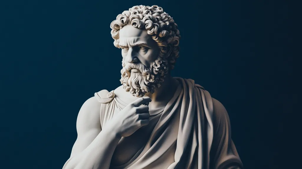 Here is a description of the image:

The image shows a close-up of a classical-style bust sculpture of a bearded man.  The sculpture is crafted from white marble or a similar material, exhibiting fine detail in the hair, beard, and musculature.  His expression is serious, almost pensive, with his hand resting thoughtfully near his chin. He wears a draped garment reminiscent of ancient Greek or Roman attire. The background is a deep, dark blue, which provides a stark contrast and emphasizes the sculpture's form and texture. The lighting is dramatic, highlighting the contours of the face and body.