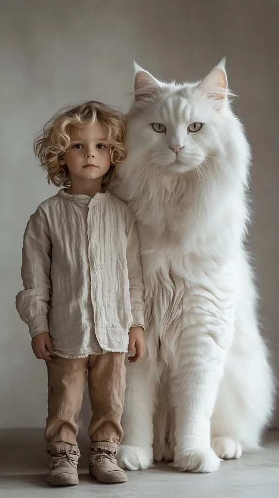 A young child with curly blonde hair stands beside an enormous, fluffy white Maine Coon cat.  The child, wearing a light beige shirt and pants, looks directly at the camera. The cat is seated, its size dwarfing the child.  Both are positioned against a neutral gray background, creating a striking contrast of textures and tones. The image conveys a sense of gentleness and unexpected companionship.
