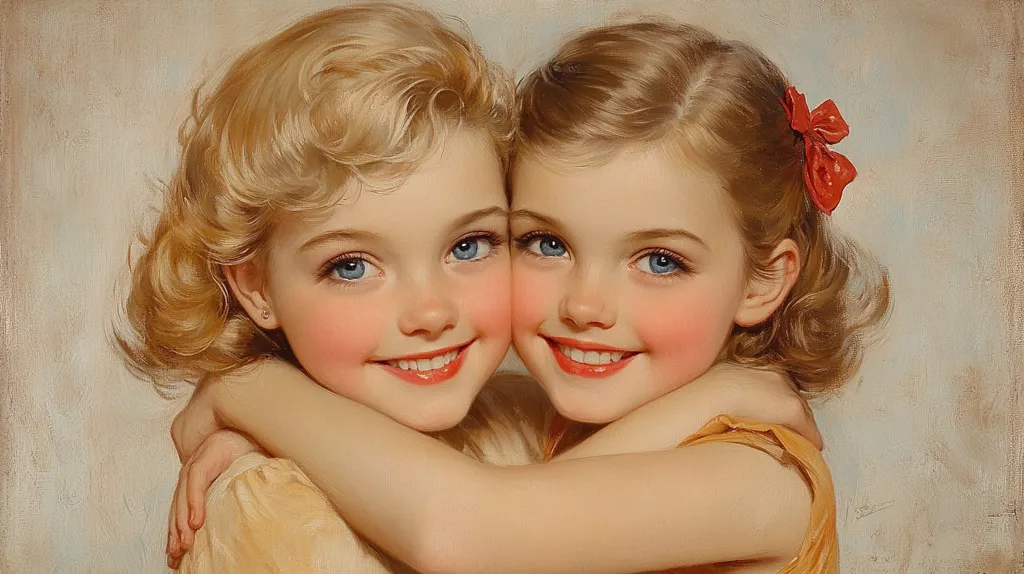 Here's a description of the image:

The painting depicts two young girls, seemingly sisters, with fair skin and bright blue eyes.  They are embracing, their arms wrapped tightly around each other. One girl has blonde, curly hair, while the other has light brown, wavy hair adorned with a red bow. Both have rosy cheeks and sweet smiles, conveying a sense of innocence and affection.  They are dressed in light yellow or beige dresses, suggesting a period setting. The style is reminiscent of classical portraiture, with soft brushstrokes and a focus on delicate details. The overall impression is one of warmth, tenderness, and sibling love.