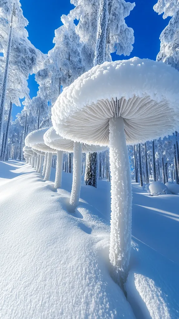 A breathtaking winter scene unfolds, showcasing a row of large mushrooms completely covered in pristine snow.  Their stems and caps are heavily frosted, creating a surreal, almost otherworldly effect.  The mushrooms line a snow-dusted path through a forest of snow-laden trees, their branches reaching towards a vibrant blue sky.  The scene is a perfect blend of winter's cold beauty and nature's unique forms.