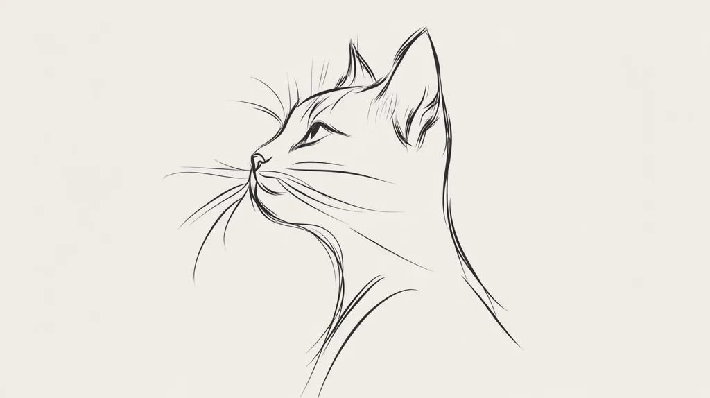 Here's a description of the image:

The image is a minimalist line drawing of a cat's head and neck, rendered in black ink against a light beige background. The cat is depicted in profile, its gaze directed to the right, conveying a sense of alertness or curiosity.  The style is elegant and fluid, with thin, expressive lines capturing the cat's form and delicate features, including its whiskers. The overall effect is simple yet graceful, emphasizing the cat's elegant form.