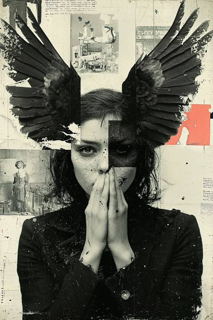 Here's a description of the image:

The image is a digitally manipulated collage in monochrome, predominantly grayscale with hints of sepia and a touch of coral. A woman's face, partially obscured by a dark, textured block, is centrally positioned.  Large, dark wings, reminiscent of a crow or raven, frame her head.  Her hands are clasped in prayer before her face. The background is a chaotic mix of distressed textures, vintage photographs, and fragmented text, creating a sense of age, history, and mystery. The overall mood is dark, brooding, and somewhat melancholic.  The style suggests a blend of surrealism and photomontage.