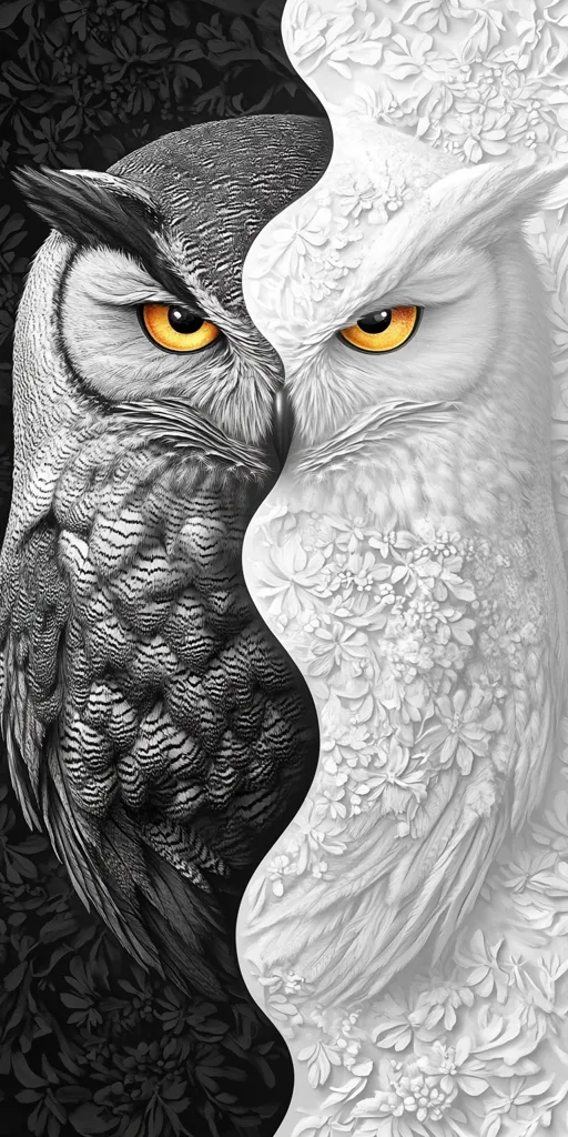 Here's a description of the image:

The image is a striking digital artwork depicting two owl halves, seamlessly joined to create a yin-yang effect. One half is rendered in shades of grey, detailed with intricate feather textures against a dark, floral background.  The other half is pure white, its feathers textured like carved bas-relief, set against a similarly embossed, light floral backdrop. Both owl halves share identical, piercing yellow eyes, creating a focal point of intense gaze. The contrasting textures and tones highlight a duality, creating a visually captivating and symbolic piece.
