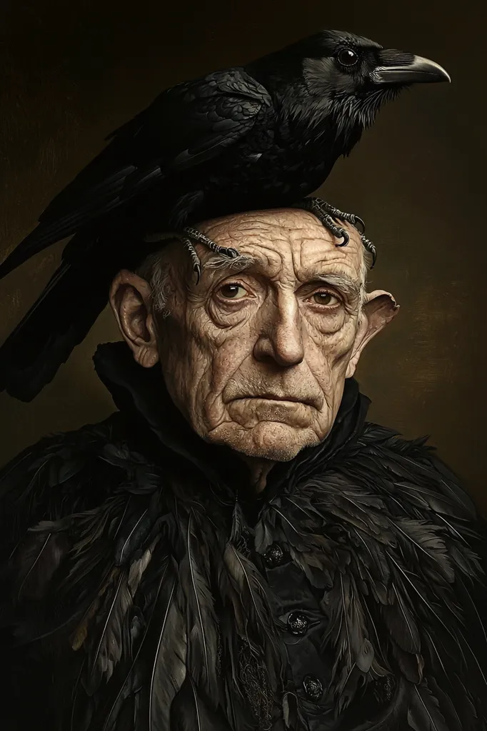 Here is a description of the image:

The image is a striking portrait of an elderly man with a large black crow perched atop his head. The man's face is deeply lined, reflecting age and perhaps hardship, and his expression is serious and somewhat melancholic. He wears a dark, ornate garment trimmed with what appears to be black feathers, mirroring the crow's plumage. The overall mood is dark and mysterious, evoking a sense of age, wisdom, and perhaps even a touch of the macabre. The lighting and color palette contribute to a dramatic, almost painterly effect.
