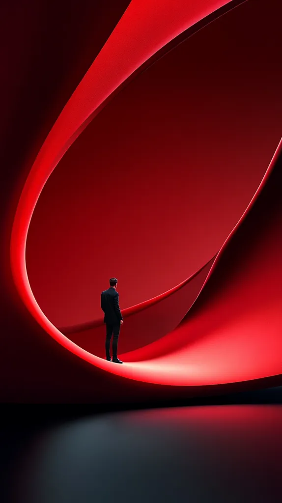 Here's a description of the image:

The image showcases a minimalist scene dominated by a vibrant, crimson-red abstract form.  It resembles a flowing, sculpted wave or a large, open parenthesis, creating a dramatic curve that dominates the frame. A lone figure, a man in a dark suit, stands at the crest of this wave, his back to the viewer, creating a sense of contemplation or isolation. The dark suit contrasts starkly with the bright red background. The overall mood is one of stark elegance and dramatic solitude. The smooth surface of the red form and dark, reflective floor suggest a modern, possibly futuristic setting.