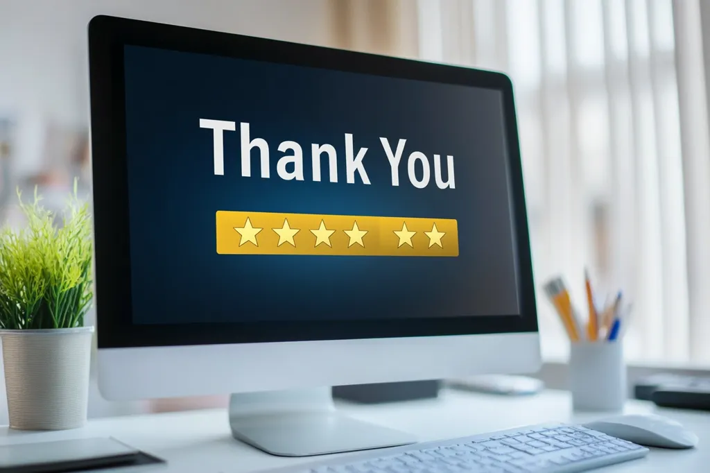 A desktop computer displays a "Thank You" message accompanied by five gold stars, indicating a positive customer review or feedback.  The screen is the focal point against a blurred background of a home office setting, showing a plant in a pot, pencils in a holder, and a keyboard. The image suggests appreciation for customer satisfaction and positive online ratings.