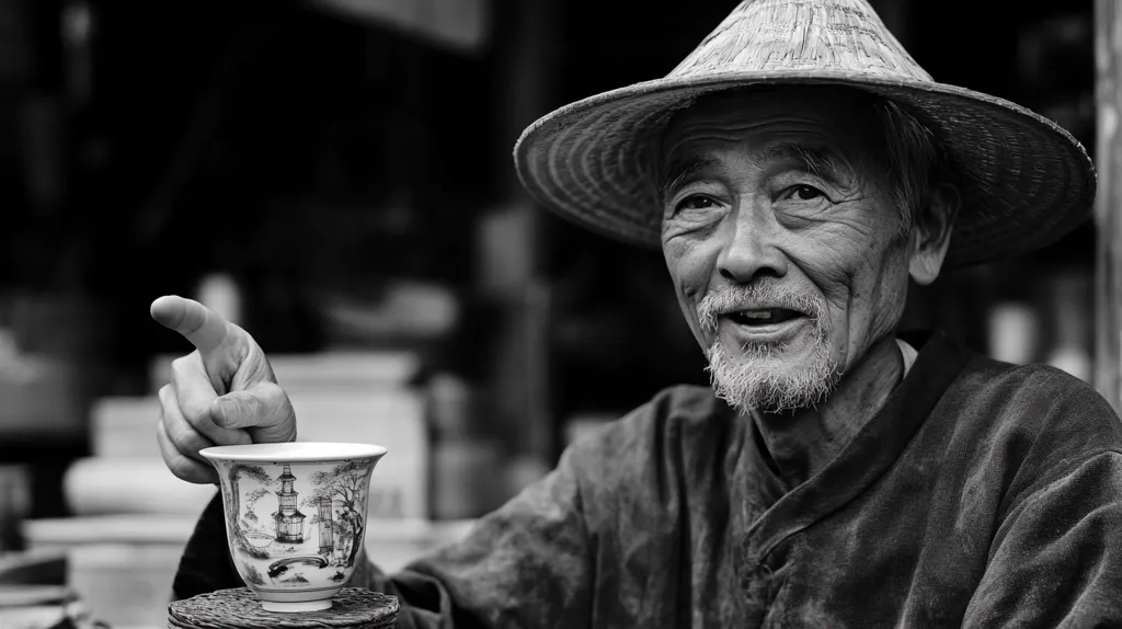 Here's a description of the image:

A black and white close-up shot portrays an elderly Asian man, wearing a traditional conical straw hat, smiling warmly.  He's dressed in dark, simple clothing. His weathered face reveals a lifetime of experience, etched with wrinkles and a neatly trimmed goatee.  One hand gestures towards something out of frame, while the other rests on a small, intricately patterned porcelain teacup.  The background is blurred, suggesting a bustling, outdoor market setting.  The overall mood is one of quiet wisdom and gentle hospitality.