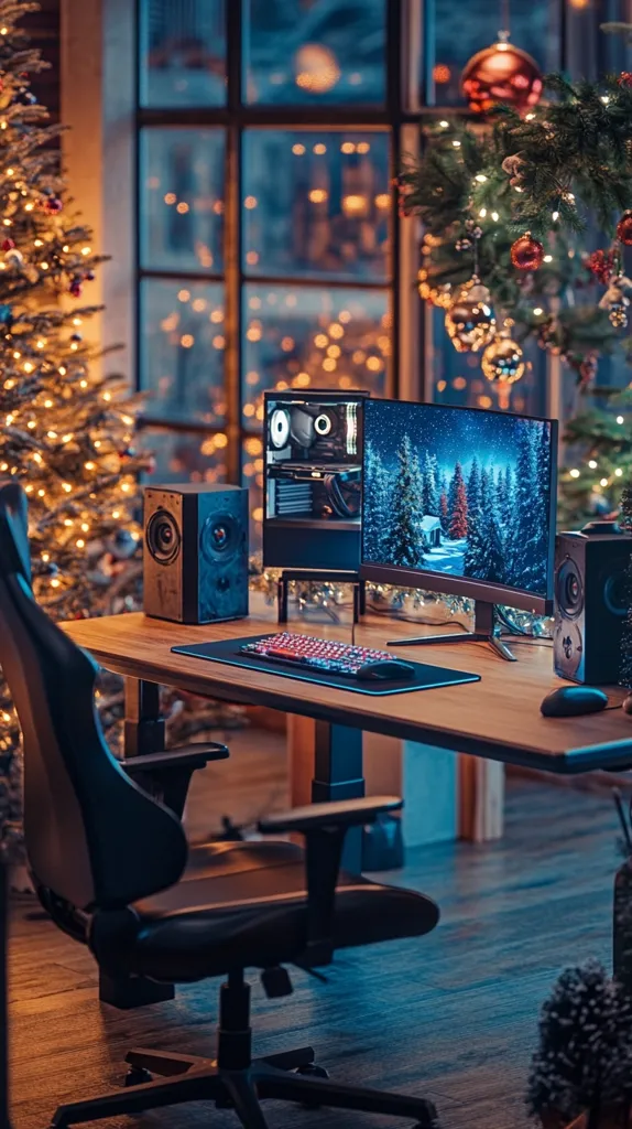 A cozy gaming setup is nestled in a room adorned with Christmas trees and twinkling lights.  A computer monitor displays a winter scene, complementing the festive atmosphere.  A black gaming chair sits at a wooden desk, equipped with a keyboard, mouse, and speakers. The warm lighting and festive decor create a welcoming and inviting holiday ambiance.  The large window shows a blurred out city scene adding depth to the picture.