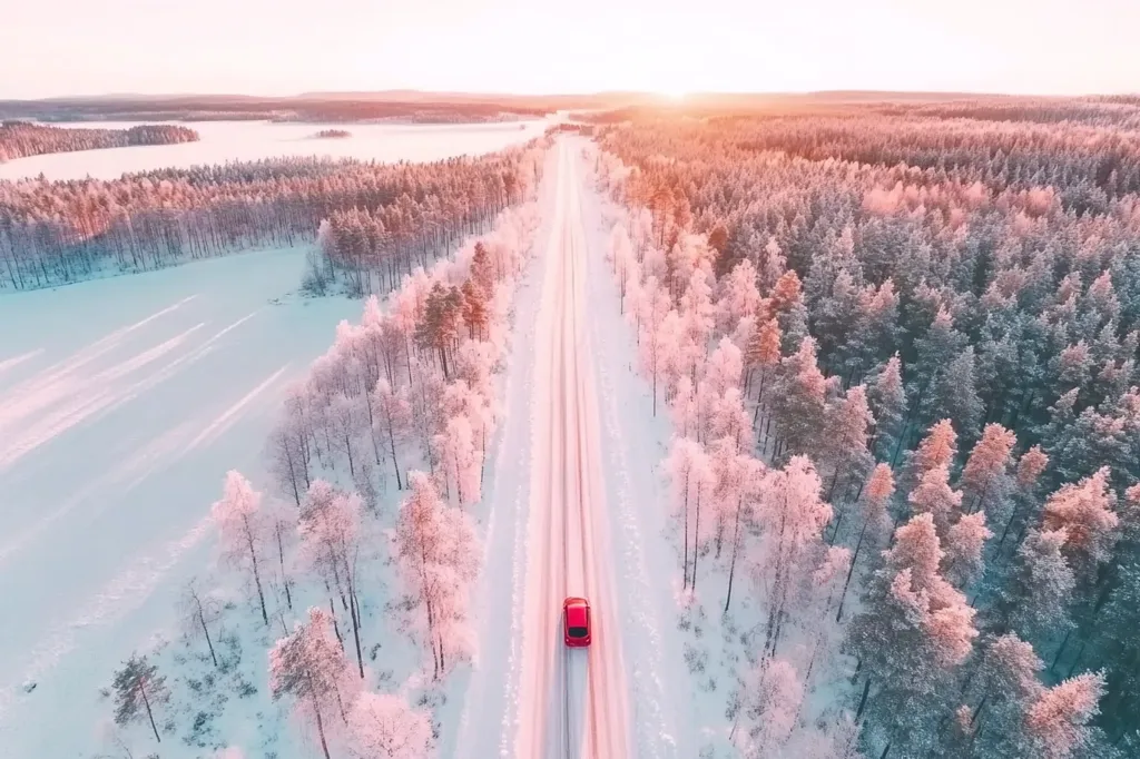 Here's a description of the image:

An aerial shot captures a snow-covered landscape, bathed in the soft, warm glow of sunrise or sunset. A long, straight road cuts through a dense forest of snow-laden evergreens and delicate, frost-covered birch trees. The trees exhibit a pastel palette of pinks and blues. A small, red car travels down the road, its journey highlighted by the contrasting color against the winter scene.  The overall effect is serene and picturesque, evoking a sense of tranquility and remoteness. In the distance, a frozen lake or expanse of water is visible.