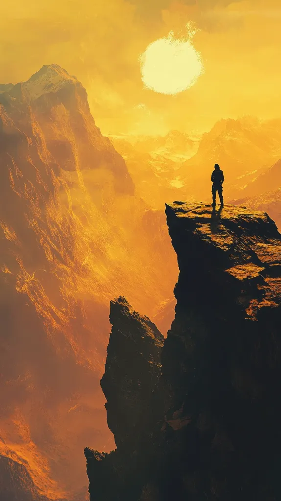 A solitary figure stands on a precipice overlooking a vast, orange-hued mountain range. The sun, a hazy orb, hangs low in the sky, casting a warm, golden light across the dramatic landscape. The mountains are rugged and textured, their peaks shrouded in a soft mist. The scene evokes a sense of solitude, adventure, and the immensity of nature. The hiker's silhouette against the fiery sunset emphasizes the scale of the environment and the smallness of humanity within it.