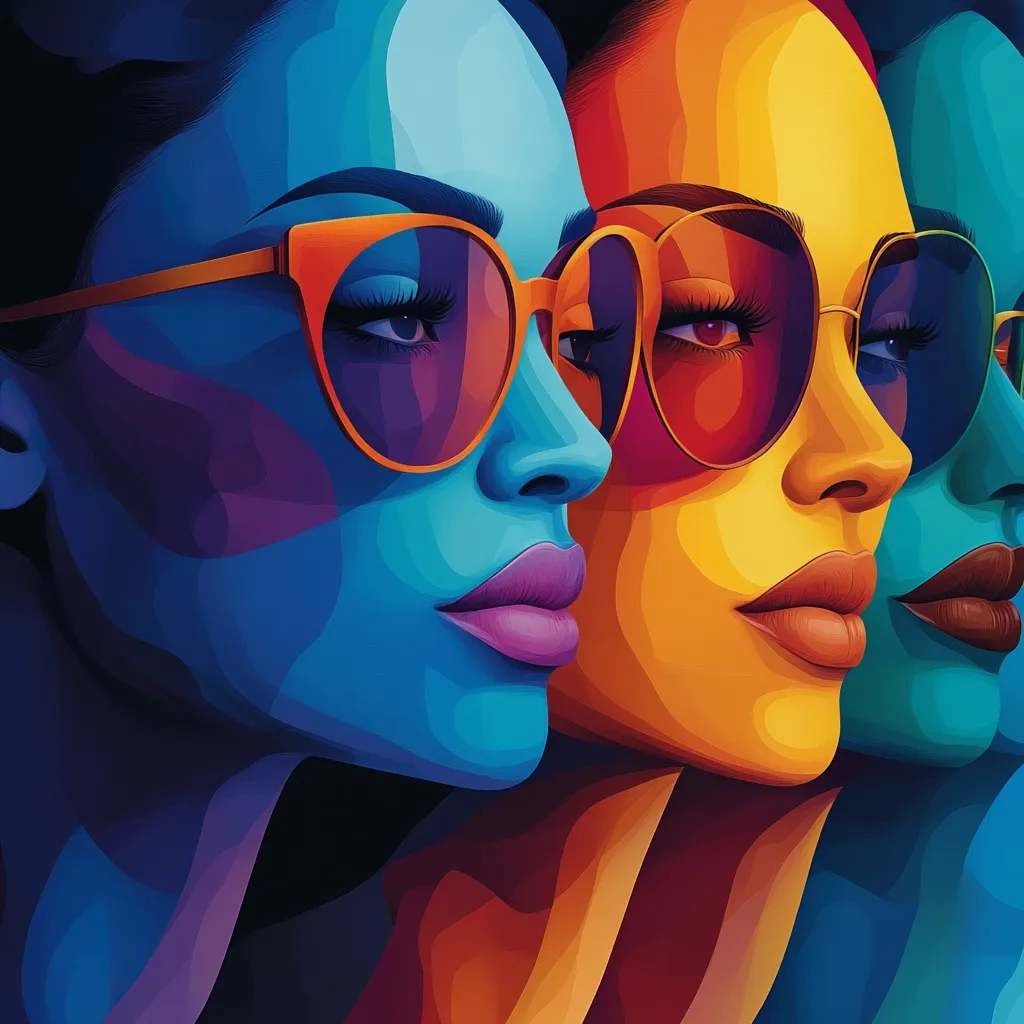 Here's a description of the image:

The image is a vibrant, stylized portrait of three women's faces in profile, positioned closely together.  Their skin tones are rendered in bold, contrasting colors: a deep blue, a fiery orange, and a rich teal.  Each woman wears large, rounded sunglasses with orange frames, partially obscuring their eyes. The artistic style is characterized by bold color blocking and a smooth, almost geometric rendering of facial features, creating a striking, modern aesthetic. The overall effect is one of both unity and individual distinction, highlighting the diverse beauty of the subjects.