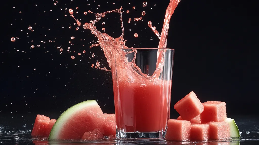A tall glass fills with vibrant red watermelon juice, creating a dramatic splash against a black background.  The juice pours from above, its movement frozen in time, capturing the energy of the moment.  Pieces of fresh watermelon surround the glass, glistening with moisture.  The overall image is visually striking, emphasizing the freshness and juiciness of the watermelon.